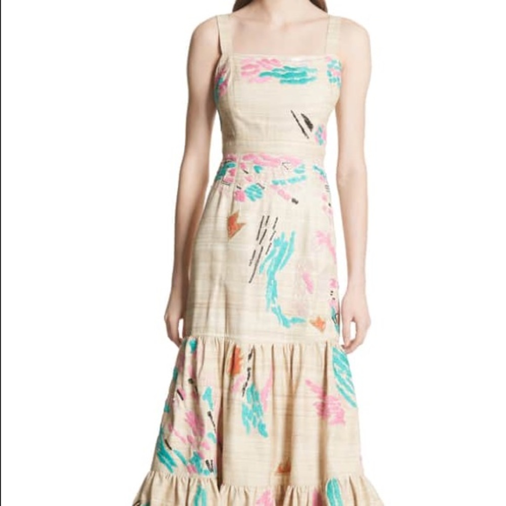 Tracey Reese Tiered Raw Silk Embroidered Maxi Drs